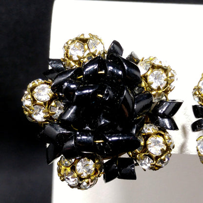 Carnegie Rhinestone Earrings, Black Glass Beads, 1950s Vintage Jewelry