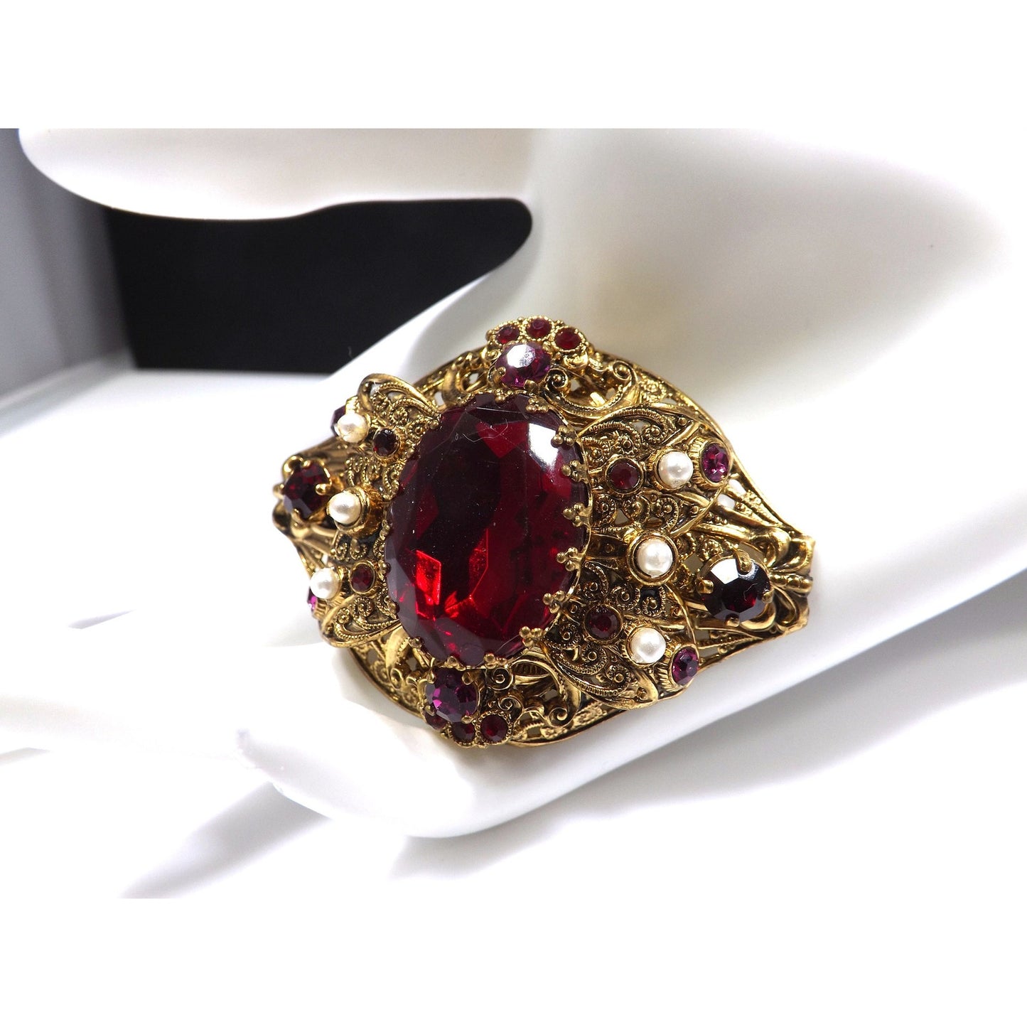 Made Germany Large Red Rhinestone Filigree Brooch, Faux Pearls, 1940s Vintage Jewelry