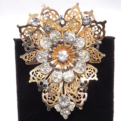 BARCLAY Fur Clip & Brooch, Gold Plated Filigree, Rhinestones, 1940s Vintage Jewelry