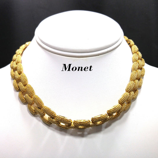 Monet Gold Plated Textured Choker Necklace, Mid Century, 1960s Vintage Jewelry