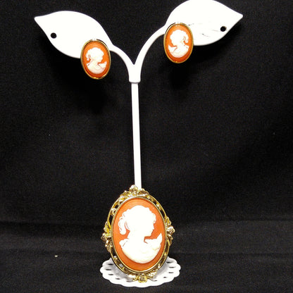 Whiting & Davis Cameo Brooch Post Earrings Set, Lucite Jewelry, 1970s Vintage
