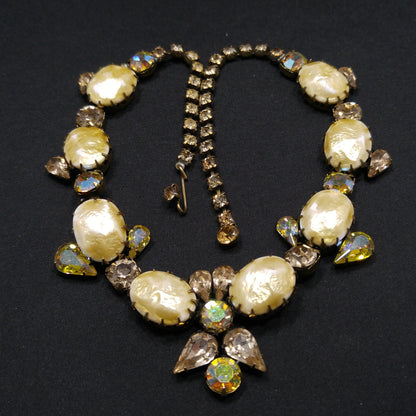 Regency Baroque Pearl Necklace Bracelet Set, Light Topaz AB Rhinestones, 1950s Vintage Jewelry