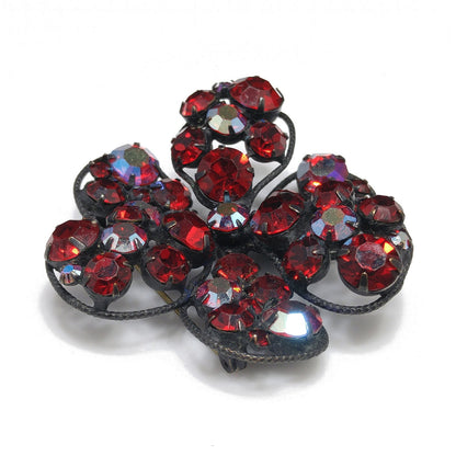 Vintage Regency Red Rhinestone Japanned Brooch, Aurora Borealis, 1960s Vintage Jewelry