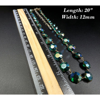 Green Aurora Borealis Crystal Art Deco Rivière Glass Necklace, 20 Inches, 1950s Vintage Jewelry