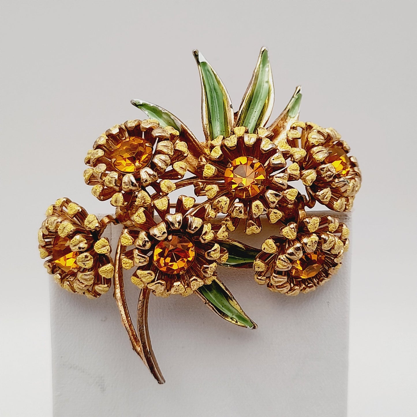 Vintage Weiss Sunflower Brooch Gold Tone Topaz Rhinestones Enamel 1950s