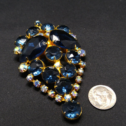Large Blue Rhinestone Brooch & Pendant, Gold Plated, 1960s Vintage Jewelry