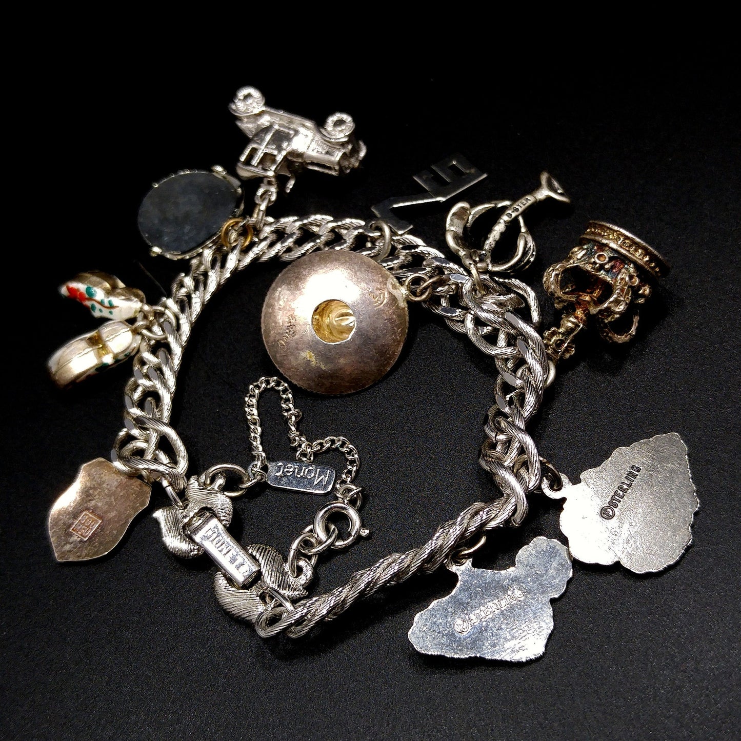 Monet Silver Tone Charm Bracelet, Sterling Silver Travel Charms, 1970s Vintage Jewelry