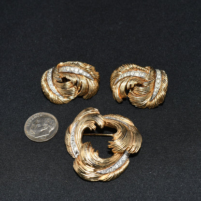 Boucher #6649 Rhinestone Brooch Earrings Set, Clear Rhinestones, Gold Plated, 1950s Vintage Jewelry
