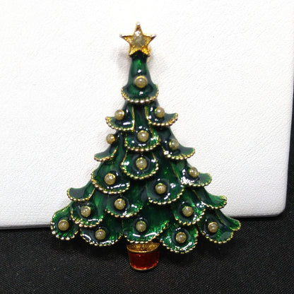 Eisenberg Ice Christmas Tree Brooch Green Enamel Red Trunk Vintage 1970s