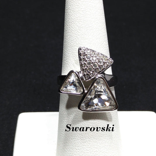 Swarovski Three Triangle Ring, Crystal & Pave, Rhodium Plated, Size 7.5