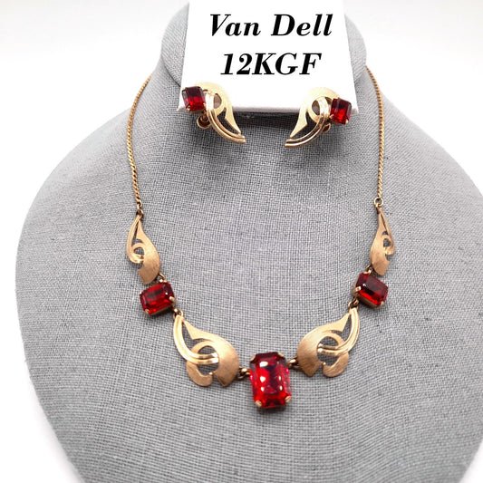 Van Dell Red Rhinestone Necklace Earrings Set, 12K GF, Screw Back Earrings, 1940s Vintage Jewelry