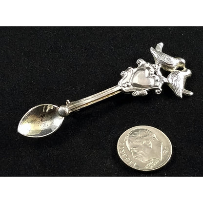 Sterling Silver Love Birds Pin Brooch Signed LANG and STERLING Silver Spoon with Heart and Love Birds Vintage Costume Jewelry from the 1950s