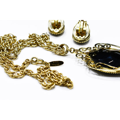 Whiting & Davis Victorian Black Gold Pendant Necklace Set, Clip Filigree Earrings, 1960s