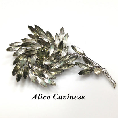 Alice Caviness Large Rhinestone Flower Brooch, Rhodium Plated, 1960s Vintage Jewelry