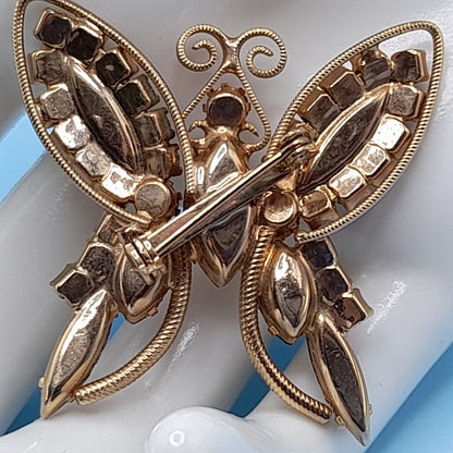 Vintage Butterfly Brooch Topaz Orange Gold Rhinestones