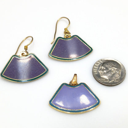 Laurel Burch Purple & Teal Earrings Pendant, Cloisonné Enamel, Gold Plated, 1980s Vintage Jewelry