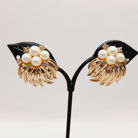 Vintage Crown Trifari Clip Earrings | Faux Pearl & Rhinestone Gold Tone - Mid-Century