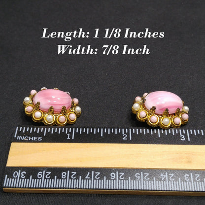 West Germany Pink Clip Earrings, Pink Glass, Faux Pearls, 1950s Vintage Jewelry