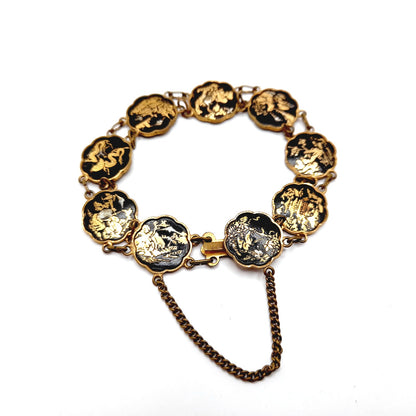 Authentic Japanese Damascene Bracelet - Vintage 6.5" Link Style - Black Gold Inlay