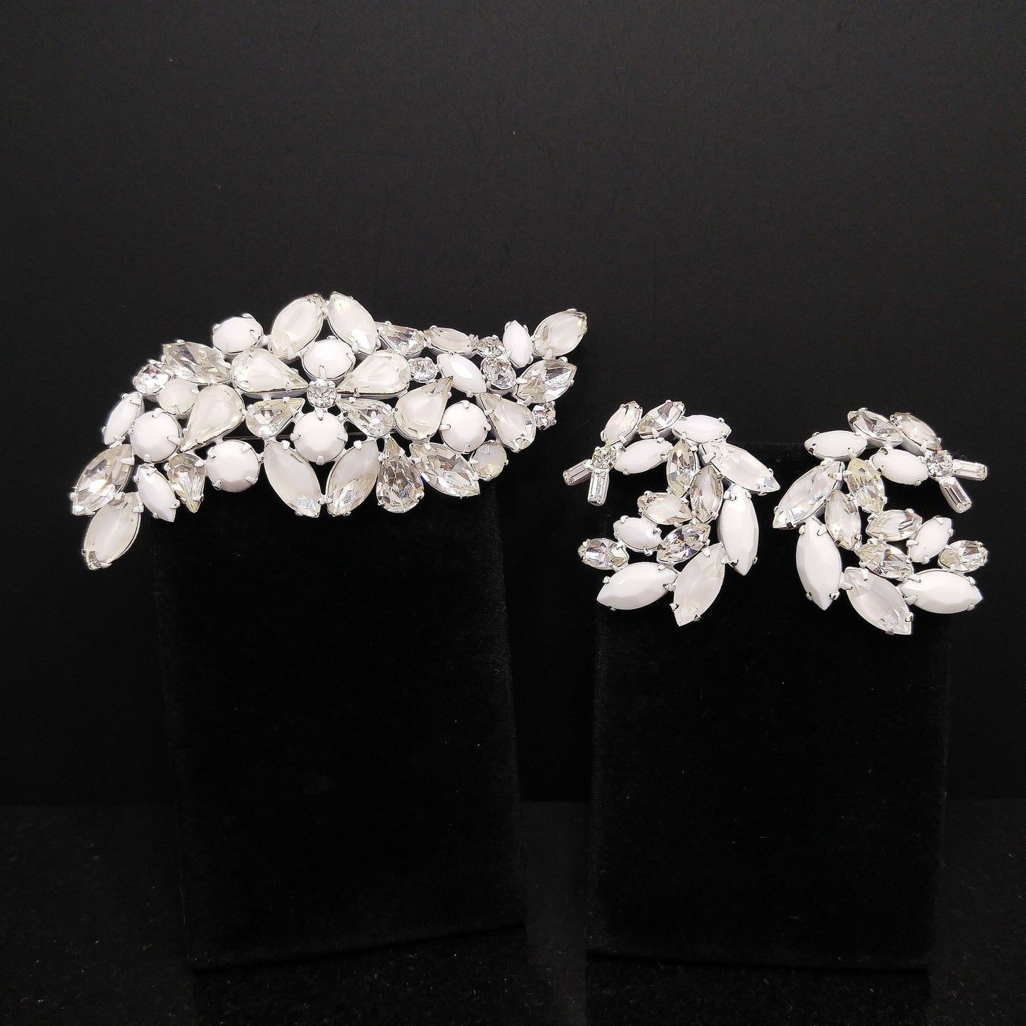 Regency Jewels White Enamel Brooch & Earrings Set, Milk Glass Clear Rhinestones