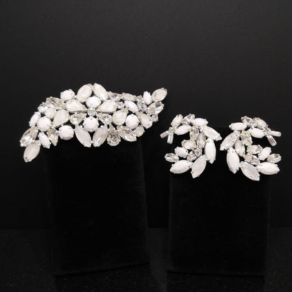 Regency Jewels White Enamel Brooch & Earrings Set, Milk Glass Clear Rhinestones