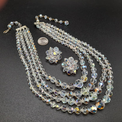 Clear Aurora Borealis Crystal Necklace Earrings Set, Four Strands, Clip Earrings, 1950s Vintage Jewelry