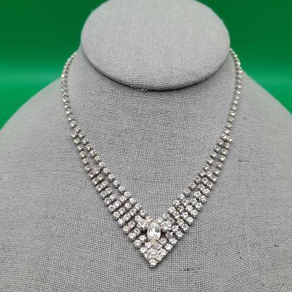 Eisenberg Ice Clear Rhinestone Necklace, Mid-Century Rhodium Plated, 1960s Vintage Jewelry
