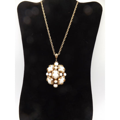 Hollycraft White Cabochons Rhinestones Pendant Necklace, Filigree Prongs, 1960s Vintage Jewelry