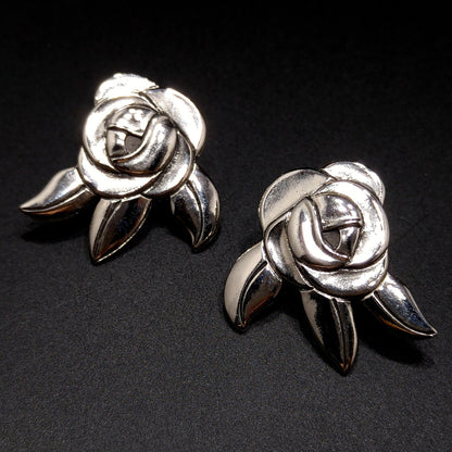 Vintage Laurel Burch Deco Rose Earrings, Rhodium Plated, Black Enamel, 1980s