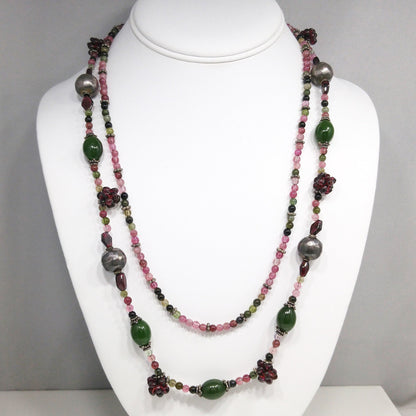 Vintage Gemstone Beaded Necklace, Garnet Clusters, Two Strands, 1990s Vintage Jewelry