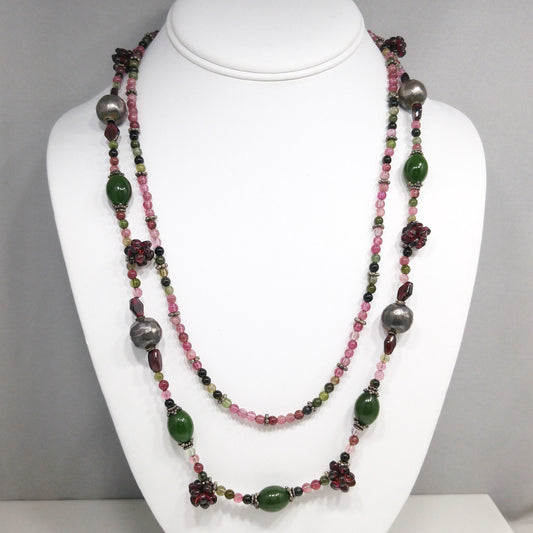Vintage Gemstone Beaded Necklace, Garnet Clusters, Two Strands, 1990s Vintage Jewelry