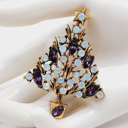 WEISS Opalescent & Purple Rhinestone Christmas Tree Brooch Vintage Holiday Pin