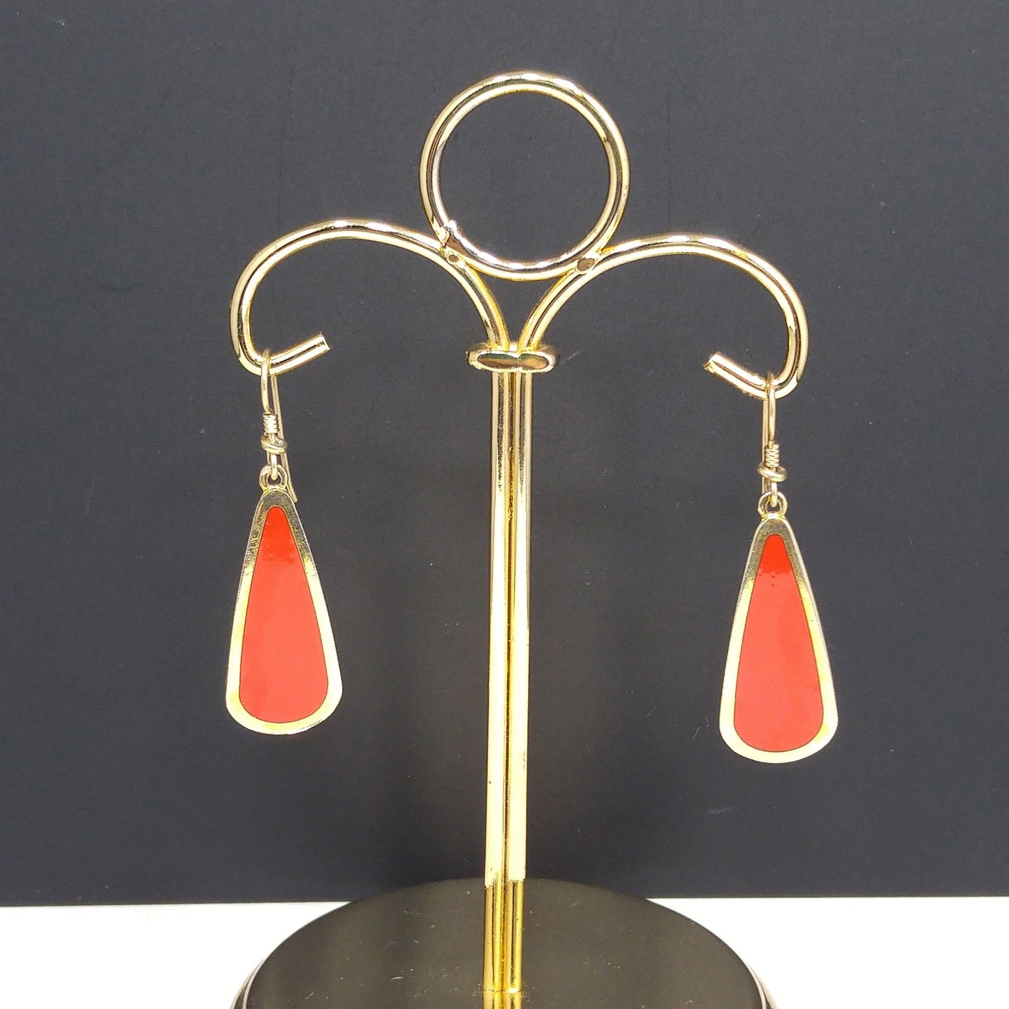 Laurel Burch Red & Gold Teardrop Earrings, Gold Plated, 1980s Vintage Jewelry