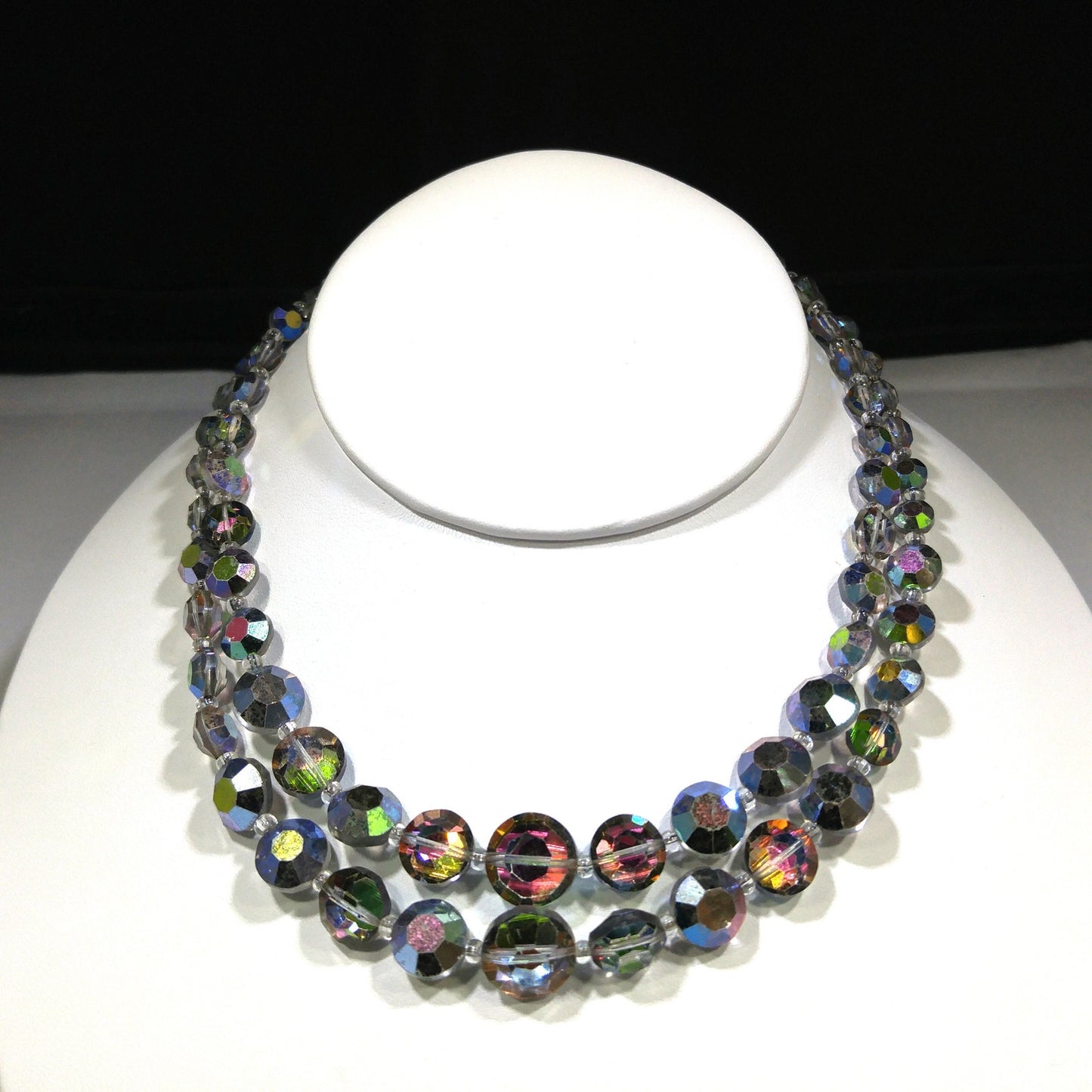 Rare Aurora Borealis Aspirin Bead Necklace, 2 Strands, Swarovski Crystal Beads, 1950s Vintage Jewelry