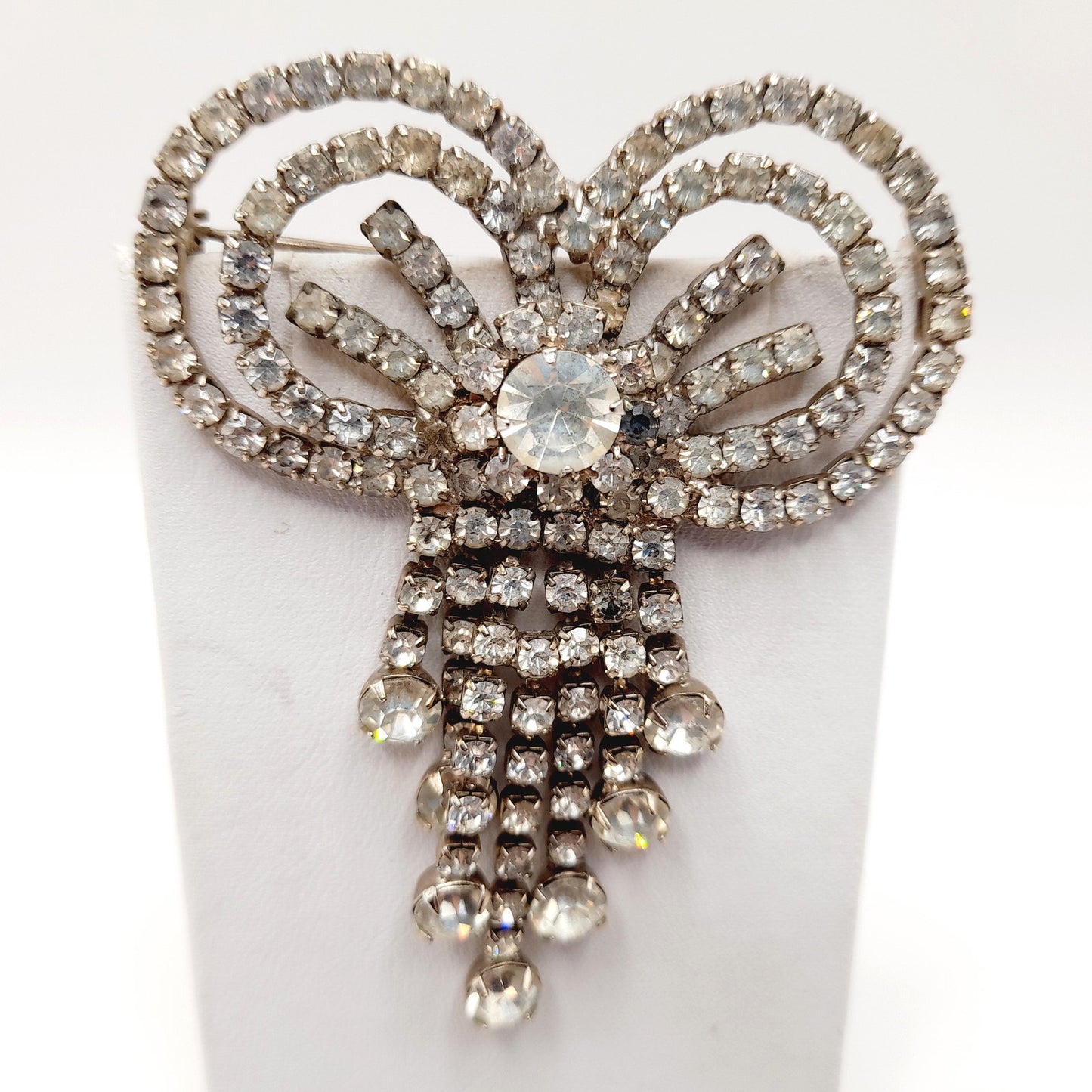 Vintage Clear Rhinestone Bow Brooch, Silver Tone Dangle Design, Midcentury Sparkle, 2 3/4 Inches