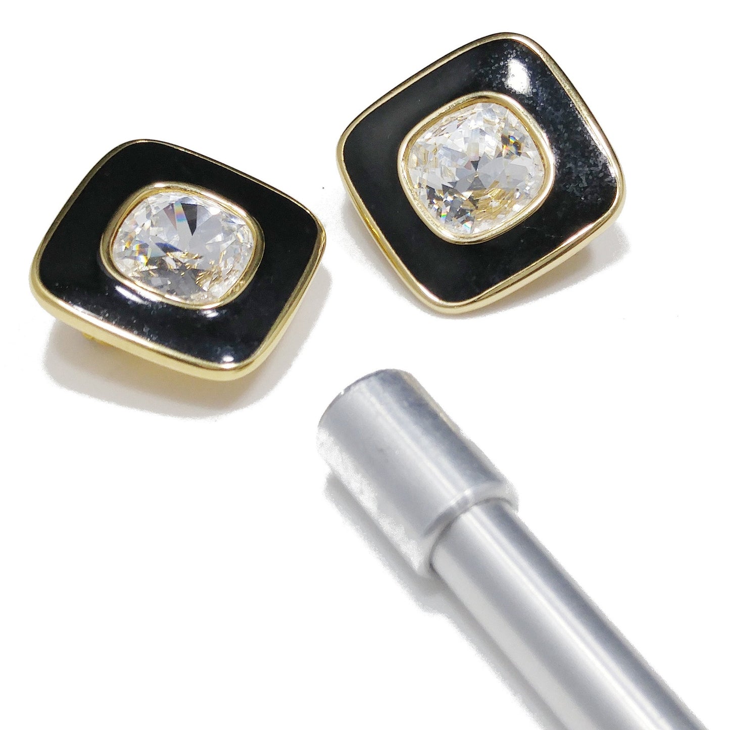 Swarovski S.A.L. Earrings, Clear Crystal & Black Enamel, 1970s–1980s Vintage
