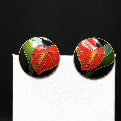 Vintage Laurel Burch Red "Antherium" Post Earrings, Gold Plated