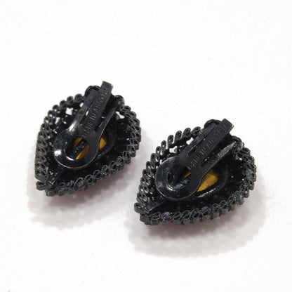 Made in Austria Red Pink Rhinestone Earrings, Japanned Black Metal, 1960s Vintage
