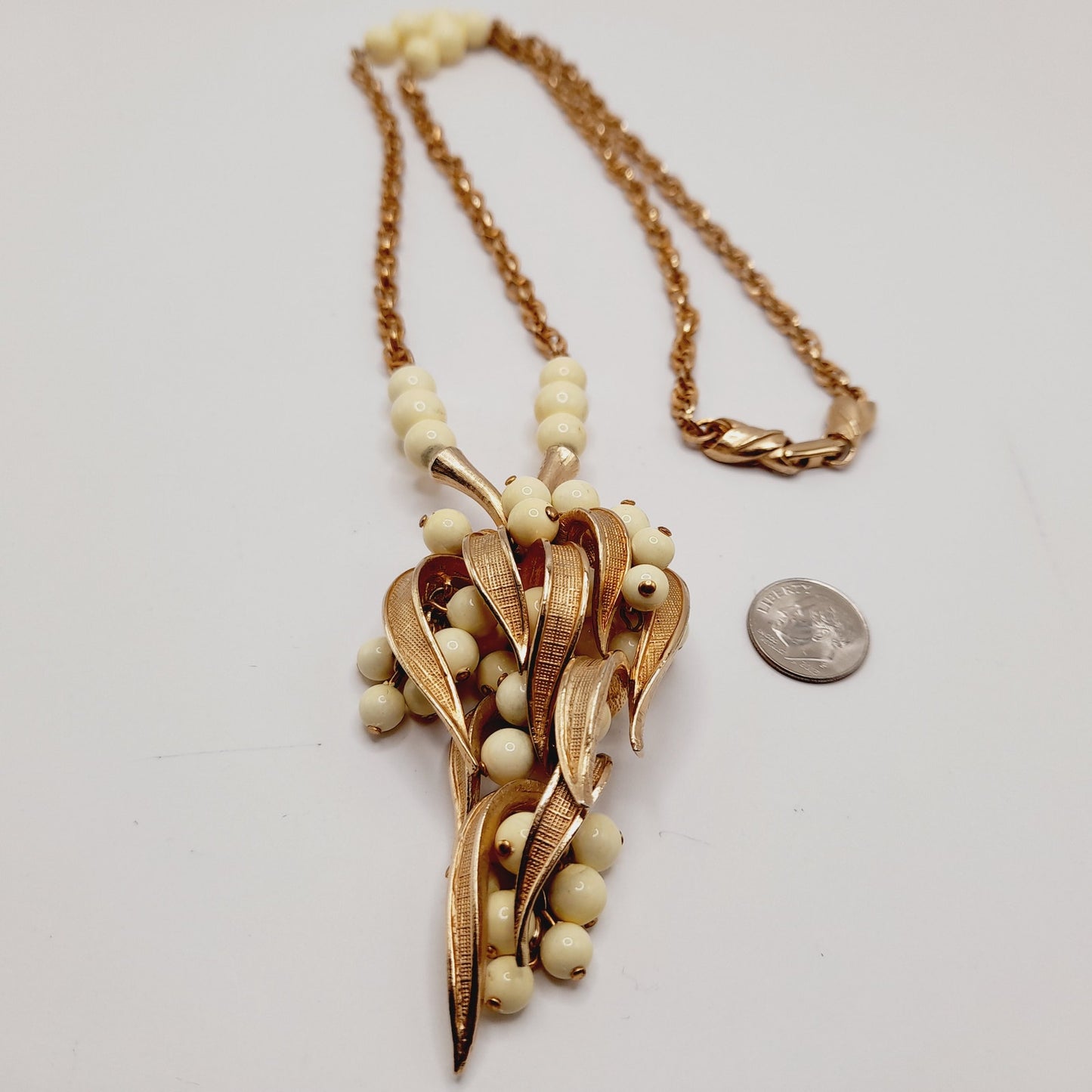 Vintage Articulated Fruit Pendant Gold Tone White Bead Necklace, 24 Inches