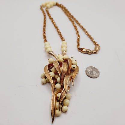 Vintage Articulated Fruit Pendant Gold Tone White Bead Necklace, 24 Inches