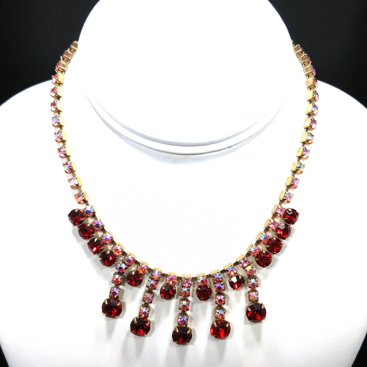 Vintage 1950s Red & Pink AB Rhinestone Choker Necklace Gold Tone 14.5"
