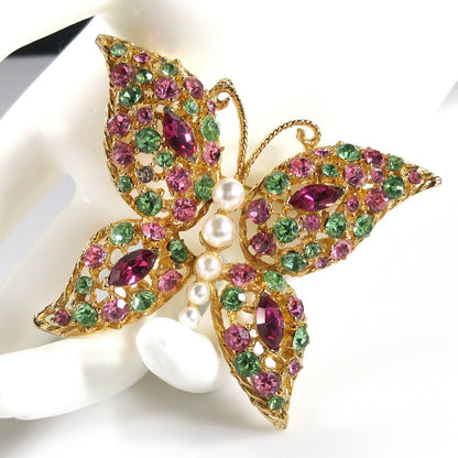 Vintage Pastel Rhinestone Butterfly Brooch, Faux Pearl Body, Uranium Glass, Vintage Jewelry