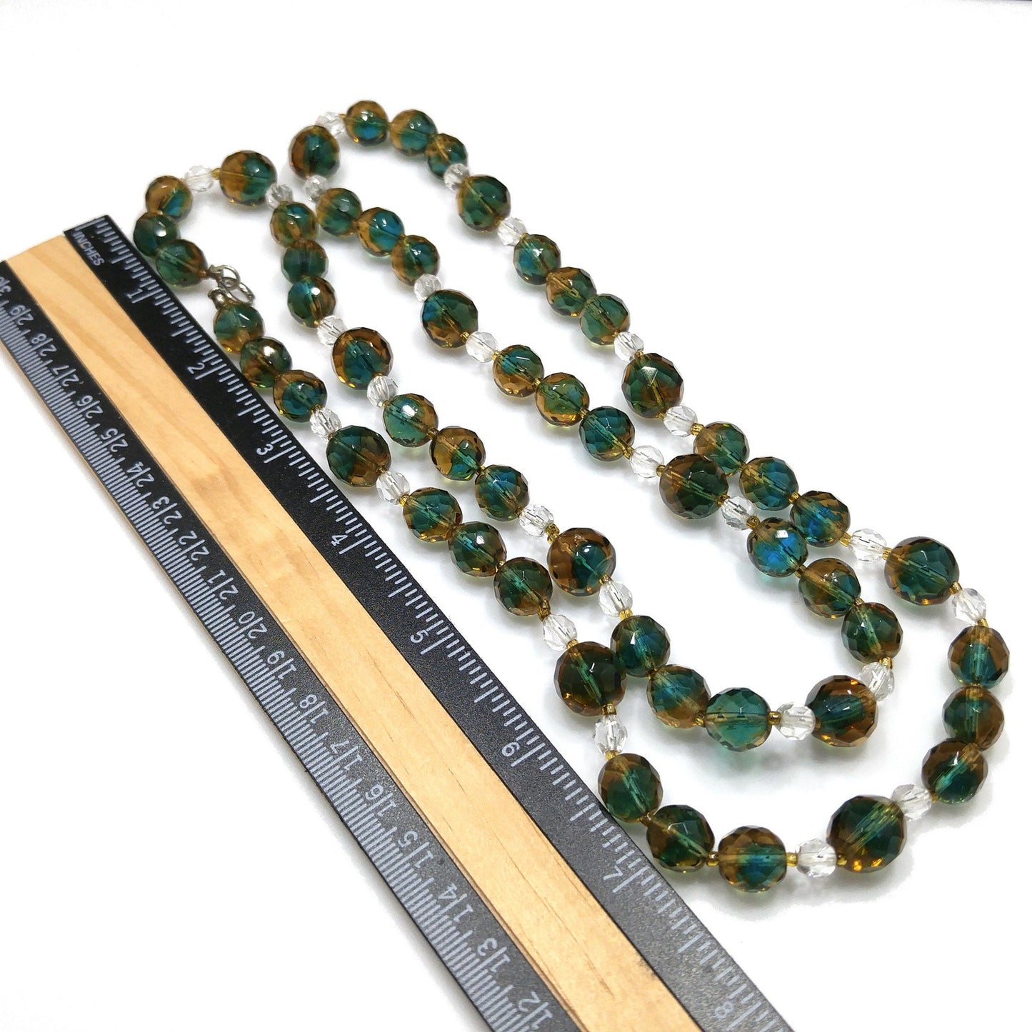 Vintage Czech Two Toned Glass Bead Long Necklace, Teal & Topaz Faceted Beads, 1970s Vintage Jewelry