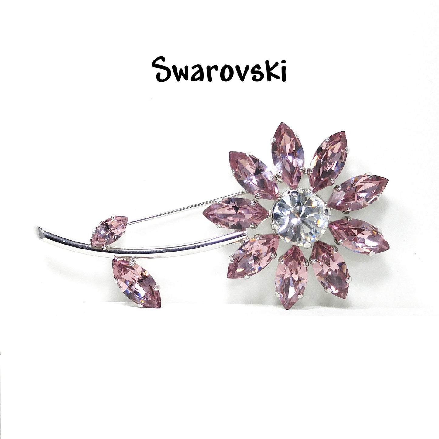 Swarovski Pink Crystal Flower Brooch, Clear Center, Swan Logo
