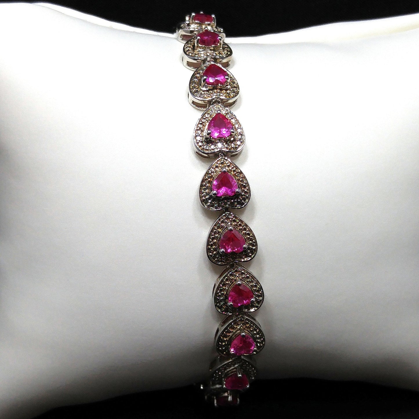 Vintage 925 Silver Ruby Heart Tennis Bracelet Pink Gemstone 7.25” Valentine Gift