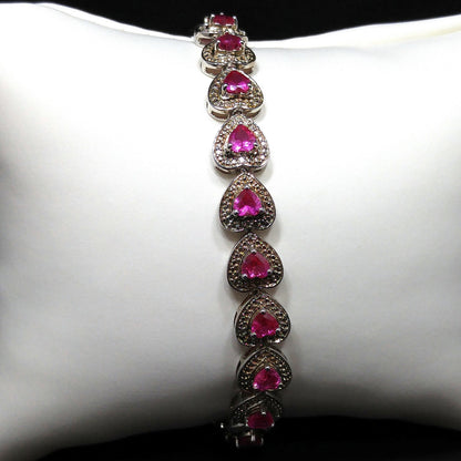 Vintage 925 Silver Ruby Heart Tennis Bracelet Pink Gemstone 7.25” Valentine Gift