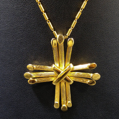 Crown Trifari Cross Pendant Necklace, Gold Plated, 1970s Vintage Jewelry