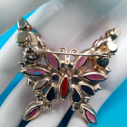 Vintage Weiss Butterfly Brooch, Pink Red Rhinestones, Gold Plated, 1950s Jewelry