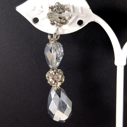 Vendome Silver Crystal Beaded Clip Earrings, Dangle Drop 2", 1960s Vintage Jewelry