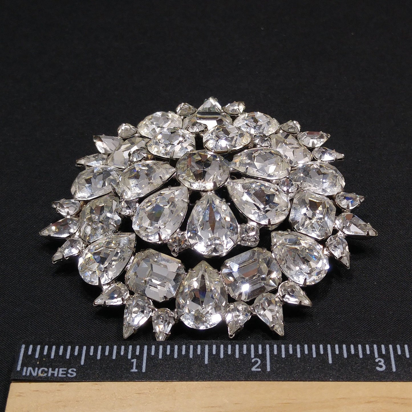 Weiss 1950s Large Clear Rhinestone Floral Brooch | Rhodium Plated Statement Pin | Vintage Mid-Century Jewelry